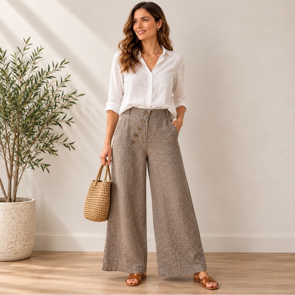 Guzella 100% Linen Wide Leg Pants Women US 10 EU 42 Taupe Button Detail Turkey